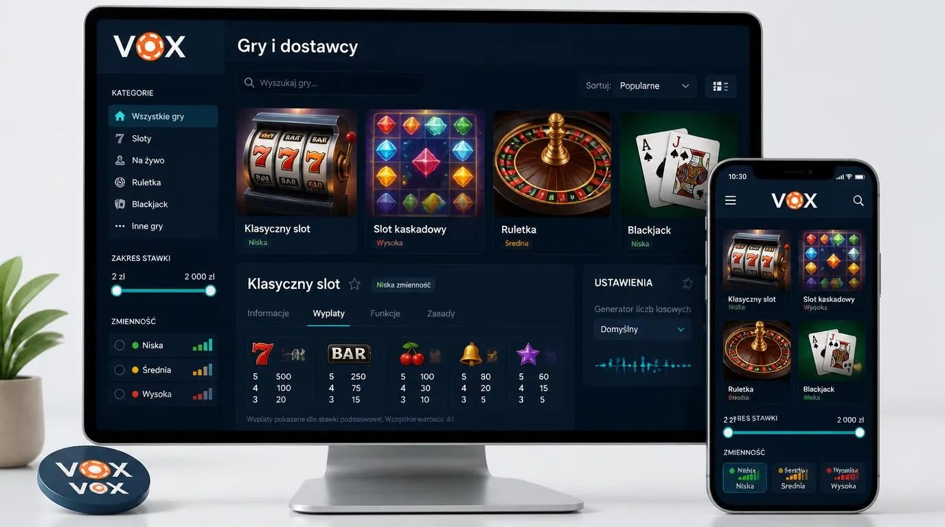 Katalog gier kasynowych z automatami, ruletką i blackjackiem oraz filtrami stawek i zmienności