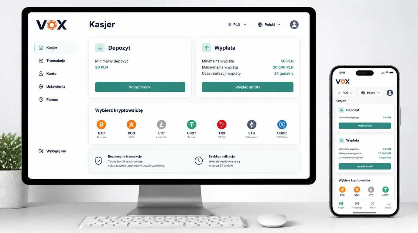Panel kasy z wyborem kryptowaluty, kontem w PLN i progami wpłaty oraz wypłaty